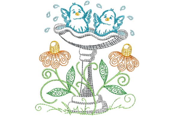 Download Spring Bird Bath Embroidery Design - Premium Resources